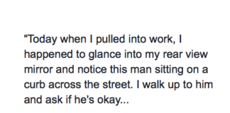 >Today when I pulled into work, I happened to glance into my rear view mirror and notice this man sitting on a curb across the street. His name is Rick. I walk up to him and ask if he's okay...